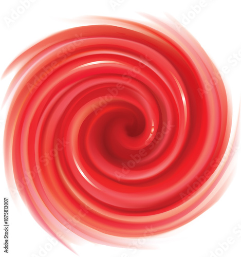 Glossy radial curvy fond with space for text on milky stripes. Whirl red gel eddy syrup surface. Appetizing mix jam juicy rose color: redcurrant, dragon or pitaya, cowberry, watermelon, grapefruit