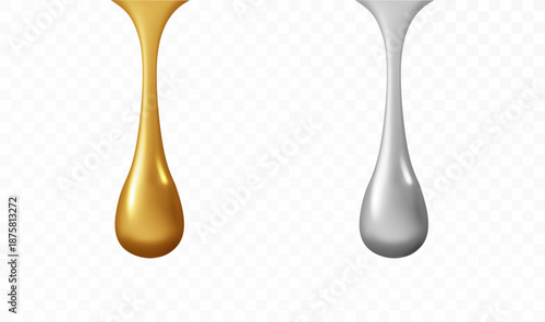 3D golden and silver oil drop with shining fluid surface. Realistic cosmetic essence blob for skincare, vitamin concentrates, honey visuals or petroleum industry design