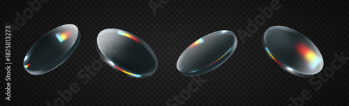 Glass circle plates collection with glossy reflective surfaces. Transparent 3D lens shapes for modern UI, tech mockups and minimalistic visual design.