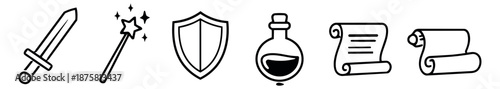 Hand drawn line art fantasy set featuring a sword, magic wand, shield, potion, and scrolls for role playing games