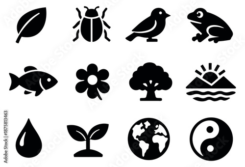 Solid glyph nature and environment icons set featuring a leaf, tree, earth, and various animals for ecological and sustainability designs
