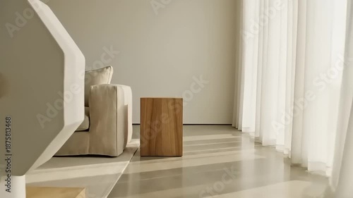 Abstract geometric sculpture interior design with sunlight and soft textures