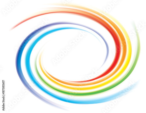 Creative eddy festival happy surface of vivid multi colored glossy curled spraying rippled ring. Yellow, green, blue, red, orange gamut stripes. Closeup view with space for text in glowing white cente