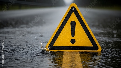 Wet warning sign on rainy road with blurred landscape in the background