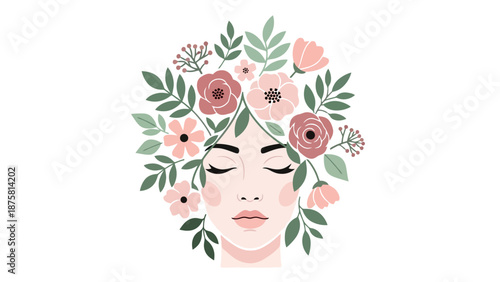 Serene face adorned with floral arrangement, conveying peacefulness and elegance in a digital illustration
