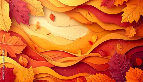 Abstract layers of orange, yellow, and red hues frame a colorful leaf border for an autumnal ambiance