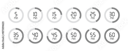 Set of circular countdown timer icons. Clock icons from 5 to 60 minutes. Stopwatch icons from 5 to 60 minutes
