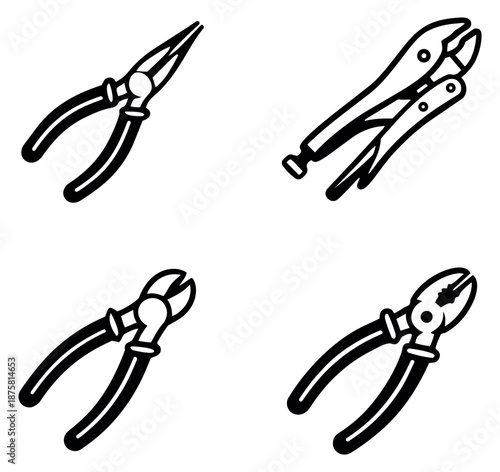 Line art hand tools set featuring different types of pliers for construction and repair