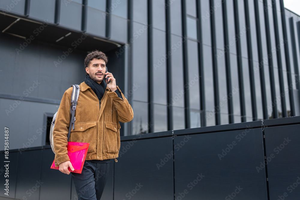 Fototapeta premium Young man walking outdoors in urban setting, talking on phone, carrying backpack and folder, modern architecture background