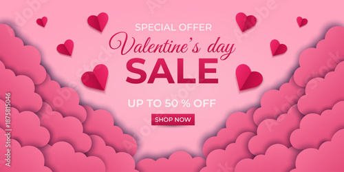 Valentine's Day vector banner in cut paper style with hearts and clouds, design for sale, discount and special offers, illustration for advertising, websites, social media.