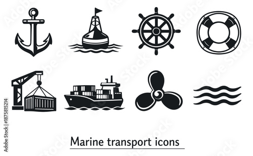 Graphic marine transport icon set featuring essential navigation and shipping symbols for logistics and travel design