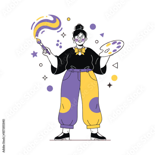 Creative female artist character holding a palette and paintbrush with a paint stroke. Friendly woman in stylish purple and yellow outfit. Modern flat vector illustration.