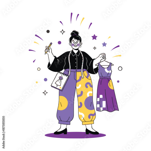 Creative female fashion designer character holding a dress on a hanger and a pencil. Friendly woman with measuring tape and sketches. Modern flat vector mascot illustration.
