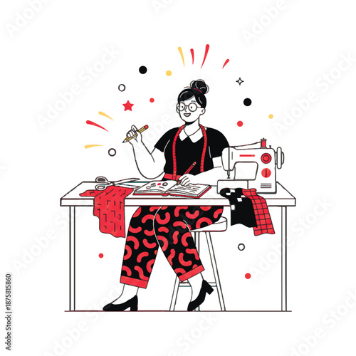 Creative seamstress at work with sewing machine, fabric, and sketches. Friendly female tailor character in a red and black outfit. Modern flat vector mascot illustration.