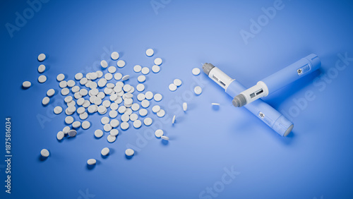 Weight loss pills available: Two dosing pens  for subcutaneous injection of antidiabetic medication or anti-obesity medication on a blue background besides a heap of GLP-1 pills.