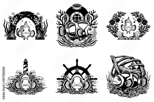 Clownfish Tribal Set of Six with Nautical Elements Including Lighthouse and Diving Helmet