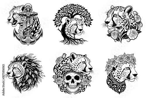 Cheetah Head Tribal Set of Six with Anchor Skull and Floral Elements
