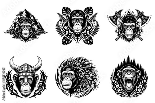 Chimpanzee Tribal Set of Six with Nature, Weapon, and Viking Elements