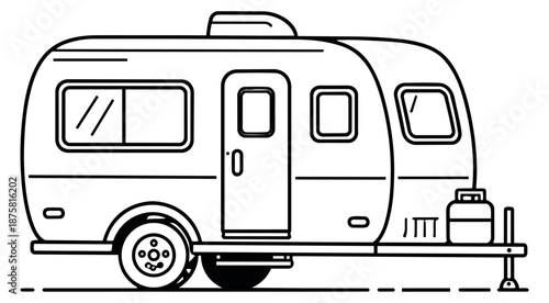 Line art illustration of a travel trailer depicting outdoor adventure for camping