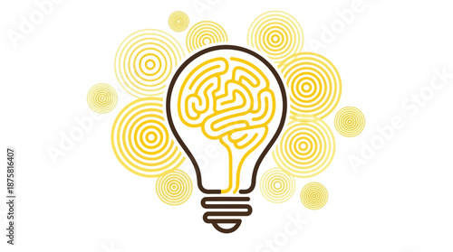 Innovative thinking concept with maze inside lightbulb and yellow circles