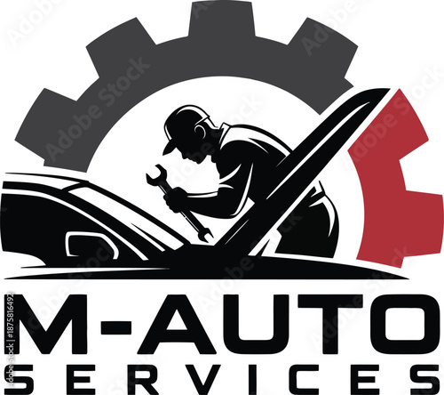 M-auto services logo featuring a skilled mechanic repairing a car engine