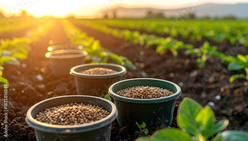 Bins of fertilizer in a field with young plants bathed in sunlight