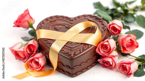 Heart-shaped chocolate box with roses, isolated on white background