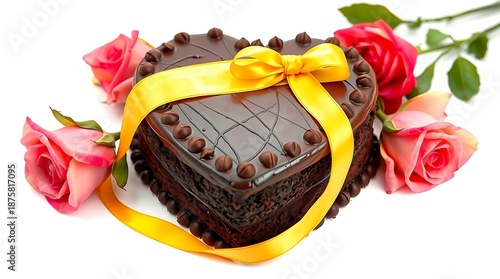 Heart-shaped chocolate cake with roses isolated on white background