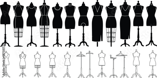 Fashion Dress Form and Mannequin Silhouette Set Showing Tailoring Dummies and Clothing Stands for Sewing, Apparel Design, Garment Production and Stock Illustration