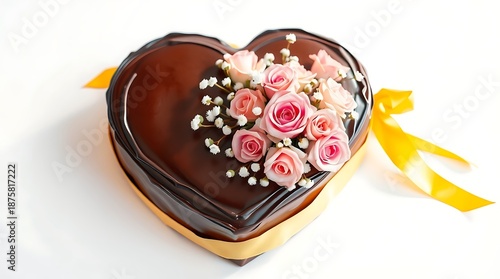 Heart-shaped chocolate cake with flowers isolated on white background