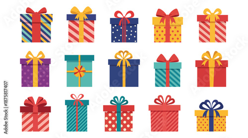 Collection of colorful gift boxes with various patterns and ribbons