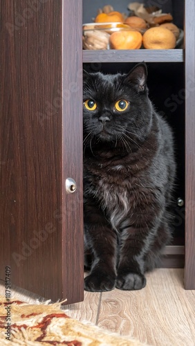 Black cat sitting inside open dark wood cabinet with fruit, staring intensely with yellow eyes on light wood floor