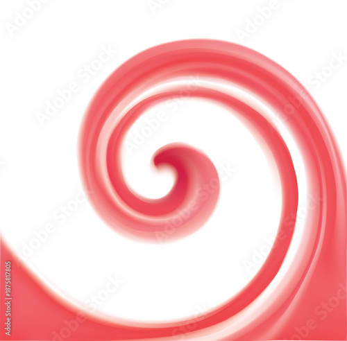 Glossy radial curvy fond with space for text on milky stripes. Whirl red gel eddy syrup surface. Appetizing mix jam juicy rose color: redcurrant, dragon or pitaya, cowberry, watermelon, grapefruit