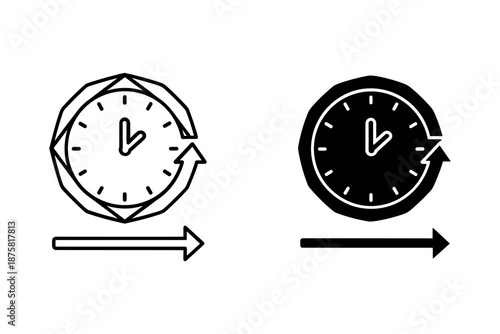 Two clocks with arrows showing time progression and direction black white