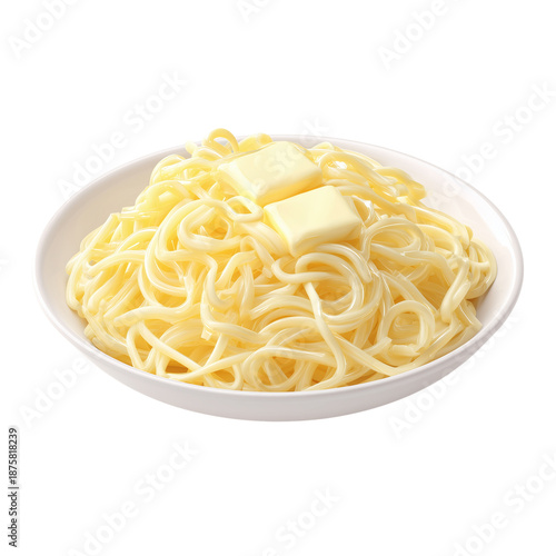 A comforting bowl of plain spaghetti pasta topped with two pats of golden melting butter