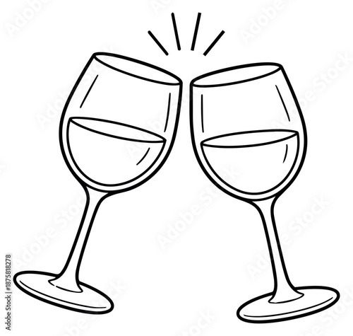 Hand drawn line art illustration of two wine glasses depicting a toast for a celebration