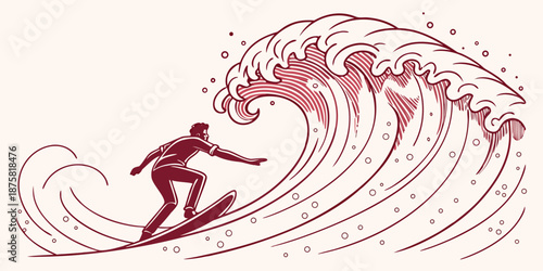 A surfer rides a powerful ocean wave, vector