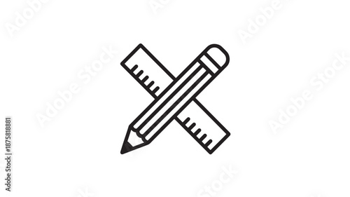 Pencil and Ruler Crossed in Simple Line Art Style with Black Color on White Background for Graphic Design