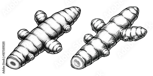 Engraving style vector illustration of two turmeric rhizomes on transparent background