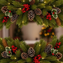 Title: Christmas wreath with pinecones holly berries and fairy lights on a white background
