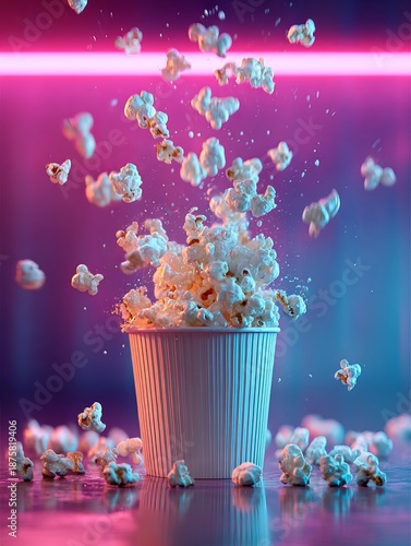 Popcorn overflowing from a cardboard container with colorful lighting  