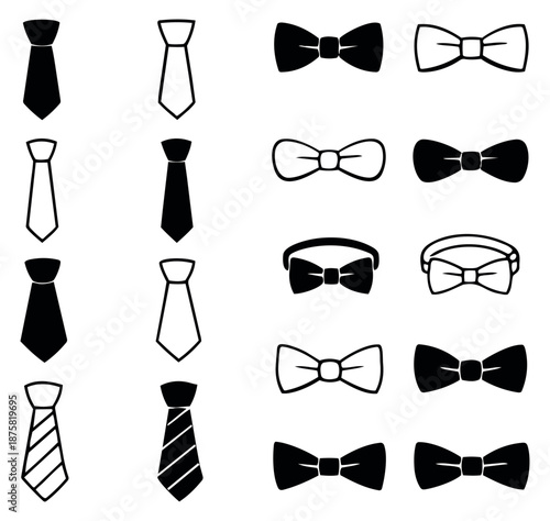 Line art and silhouette neckwear set featuring various neckties and bow ties for formal fashion