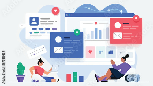 Two people working remotely on laptops with social media and email notifications