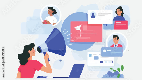 Woman using megaphone to communicate effectively with colleagues online