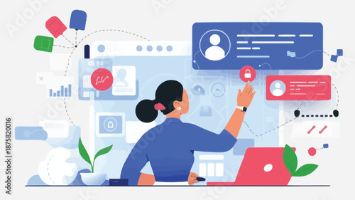 Woman interacting with digital interface for secure online profile