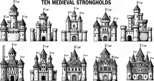 Ten Medieval Strongholds Castle Line Art Collection Featuring Historic Fortresses, Towers, and Battlements for Fantasy Illustration, Game Assets, Coloring Pages and Stock Art