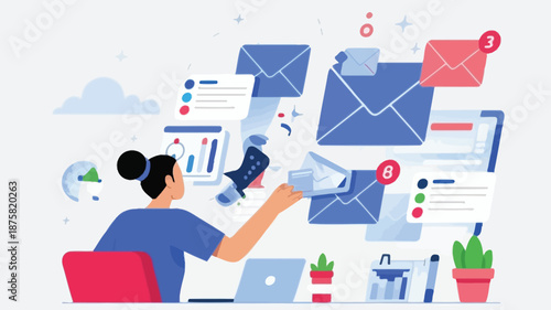 Woman efficiently managing emails and tasks at modern workspace