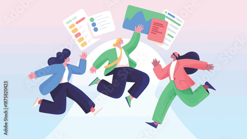 Three joyful business professionals jumping with documents in air
