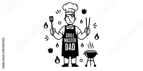 Grill Master Dad BBQ Apron Spatula Chef Cooking Vector Black White Illustration Barbecue Father Culinary Kitchen Design Bold Lines Graphic Resource Food Preparation Masculine Theme