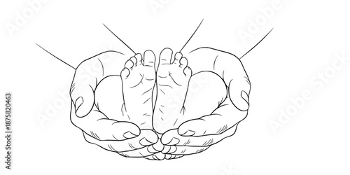 Father Hands Cradling Baby Feet Tender Moment Minimalist Line Art Vector Black White Illustration Newborn Parenthood Dad Love Care Close-up Simple Design Graphic Resource Protection